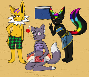 anthro balls beach black_body black_fur black_nose bottomless chest_tuft clothed clothing cooler crossdressing dipstick_tail erection erection_under_clothing eyes_closed eyeshadow eyewear feet fur genitals gesture glasses group hair hand_gesture inflatable inner_tube knot makeup male markings multicolored_hair neck_tuft open_mouth penis purple_eyes rainbow_eyeshadow rainbow_hair sand swimming_trunks swimwear tail tail_markings toeless_(marking) trio tuft two-piece_swimsuit v_sign yellow_body yellow_fur young young_anthro young_male fiona_(artist) nintendo pokemon hakinsuke nu_nyllia tazer_(hakinsuke) canid canine canis eeveelution generation_1_pokemon jolteon mammal mephitid pokemon_(species) skunk wolf hi_res