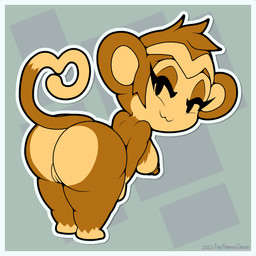 anthro areola bedroom_eyes big_breasts big_butt big_ears biped black_eyes border breasts brown_areola brown_body brown_fur brown_nipples butt crown eyelashes female fur genitals gesture headgear huge_butt leaning leaning_forward looking_at_viewer looking_back looking_back_at_viewer narrowed_eyes nipples nude outline presenting presenting_hindquarters rear_view seductive simple_background smile smiling_at_viewer solo tail tail_gesture tail_heart tan_body tan_fur text thick_thighs tiara vulva white_border white_outline wide_hips thisnameistaken shantae_(series) wayforward shantae_(monkey_form) haplorhine mammal monkey primate 1:1 hi_res