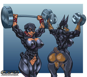 4_fingers abs anthro areola arms_above_head biceps big_breasts big_butt black_areola black_body black_collar black_fur black_lips black_nipples black_nose black_tail blue_background bodily_fluids border breasts brown_body brown_fur brown_tail butt casual_nudity collar collar_only dark_areola dark_nipples duo excessive_sweat exercise eyebrows eyelashes female fingers floppy_ears fur genital_fluids genitals glistening glistening_body glistening_fur gloves_(marking) gradient_background green_eyes half-closed_eyes holding_object huge_breasts humanoid_genitalia humanoid_vulva innie_vulva lips looking_at_viewer looking_back markings multicolored_body multicolored_fur multicolored_tail muscular muscular_anthro muscular_arms muscular_female muscular_thighs narrowed_eyes navel nipple_piercing nipples nude nude_female nude_workout overhead_press piercing red_collar red_eyes short_tail side_boob simple_background smile snout social_nudity spiked_collar spikes standing sweat sweaty_butt sweaty_genitalia tail teeth text thick_thighs two_tone_body two_tone_fur vaginal_fluid_string vaginal_fluids vulva weightlifting weights white_border wide_hips workout wristband gilgash hela_(max72590) ursa_(max72590) canid canine canis dobermann domestic_dog mammal mastiff molosser pinscher rottweiler absurd_res hi_res portrait three-quarter_portrait url