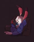 ambiguous_gender anthro barefoot bottomwear clothed clothing controller dipstick_ears ear_markings feet fully_clothed fur game_controller grey_body grey_fur holding_controller holding_game_controller holding_object hoodie light multicolored_ears pants sitting solo topwear fluttershythekind disney nintendo nintendo_switch zootopia judy_hopps european_rabbit lagomorph leporid mammal oryctolagus rabbit 2020 hi_res lighting female_(lore)