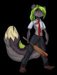 anthro bat_(object) big_tail biped blood blood_splatter bodily_fluids breasts clothed clothing cosplay cricket_(sport) cricket_bat female fist footwear fur green_body green_fur green_hair green_markings grey_body grey_fur hair huge_tail legwear lips markings melee_weapon multicolored_body multicolored_fur name_tag pose purple_lips shoes solo standing tail uniform weapon yellow_body yellow_fur theowlette shaun_of_the_dead alice_okai felid leopard mammal pantherine snow_leopard alpha_channel