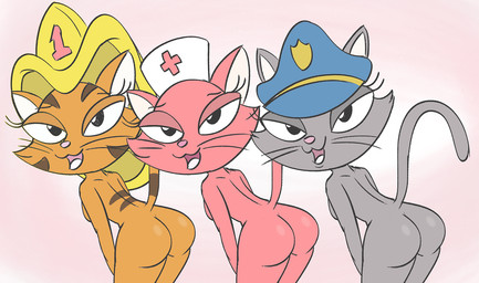 anthro breasts butt clothing female group half-closed_eyes hat headgear headwear looking_at_viewer narrowed_eyes nude open_mouth raised_tail simple_background tail tongue trio whiskers unknown_artist danger_rangers domestic_cat felid feline felis mammal 2017 character_request