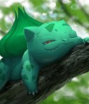 ambiguous_gender bodily_fluids branch claws drooling lying on_branch on_front one_eye_closed plant red_eyes saliva smile solo tree butt-berry nintendo pokemon bulbasaur elemental_creature flora_fauna generation_1_pokemon pokemon_(species) absurd_res hi_res signature