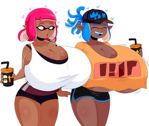 big_breasts blue_hair bottomwear breasts clothing dark_body dark_skin duo eyes_closed female hair huge_breasts hyper hyper_breasts pink_eyes pink_hair pseudo_hair shirt shorts tentacle_hair tentacles topwear jinu nintendo splatoon animal_humanoid aquatic aquatic_humanoid cephalopod cephalopod_humanoid humanoid inkling mollusk mollusk_humanoid 2019 character_request digital_media_(artwork) hi_res