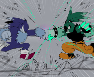anthro belly big_hands black_claws black_clothing black_shirt black_topwear blue_belly blue_body blue_fluff blue_fur bottomwear bracelet clashing claws cleats clothed clothed_anthro clothed_female clothing cracked_ground destruction duo female fight footwear fully_clothed fully_clothed_anthro fully_clothed_female fur green_body green_claws green_fur hair jewelry male pants ponytail punch red_clothing red_footwear red_shoes sharp_teeth shirt shoes socks spiked_bracelet spiked_hairband spikes teeth topwear yellow_bottomwear yellow_clothing yellow_footwear yellow_pants yellow_shoes quavernsfw idw_publishing sega sonic_the_hedgehog_(comics) sonic_the_hedgehog_(idw) sonic_the_hedgehog_(series) sonic_unleashed sonic_the_werehog surge_the_wererec eulipotyphlan mammal werecreature wereeulipotyphlan werehog wererec guide_lines hi_res sketch