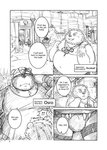 2020 anthro bear belly bulge clothing comic cute_fangs dialogue english_text hi_res humanoid_hands kemono male mammal monochrome moobs mtflying30371 nipples overweight overweight_male shirt text topwear