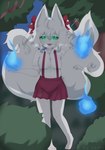 anthro bottomwear clothing female fluffy fluffy_tail fur green_eyes multi_tail plant red_bottomwear red_clothing red_skirt ribbons skirt solo tail tree white_body white_fur milftamy canid canine fox mammal absurd_res hi_res