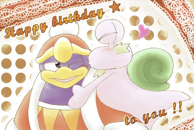 anthro beak blue_body blue_feathers blush clothing duo eyes_closed facial_hair feathers goatee green_shell hat headgear headwear heart_symbol kiss_on_cheek kissing looking_at_another male on_another one_eye_closed pattern_background purple_body shell simple_background text yellow_beak chasoba11 kirby:_right_back_at_ya! kirby_(series) nintendo escargoon king_dedede avian bird gastropod mollusk penguin snail english_text japanese_description