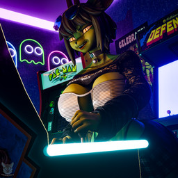 anthro antlers arcade arcade_controller arcade_machine arcade_stick bell bell_collar big_breasts bottomwear breasts clothed clothing collar controller eyewear female fur glasses green_body green_fur hair horn simple_background skirt smile solo text yellow_eyes foxibiki valorlynz_(modeler) natsu_(natsu_o3o) deer mammal 1:1 3d_(artwork) blender_(artwork) blender_cycles_(artwork) digital_media_(artwork) english_text