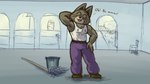 anthro blush bodily_fluids bottomwear bucket chest_fur cleaning_tool clothing container dialogue eyes_closed male mop muscular muscular_male oversized_bottomwear oversized_clothing oversized_pants pants scratching_neck shirt solo sweat sweatdrop tank_top topwear badday_(artist) canid mammal 16:9 hi_res widescreen