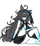 :< ahoge arm_markings armband black_hair blue_eyes clothed clothing female hair hair_over_eye headgear headwear leg_markings legband long_hair looking_at_viewer markings messy_hair navel shoulder_markings simple_background sitting skimpy_dress solo thighband ebora ponos_corp. the_battle_cats kasli kasli_the_bane animal_humanoid felid felid_humanoid feline feline_humanoid humanoid mammal mammal_humanoid 2024 digital_drawing_(artwork) digital_media_(artwork) hi_res