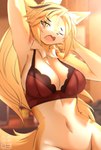 anthro big_breasts black_eyebrows black_highlights black_nose blonde_hair blurred_background blush blush_lines bottomless bra bra_only breasts cheek_tuft clothed clothing eyebrows eyelashes facial_tuft fangs female female_anthro fluffy fluffy_tail fur glistening glistening_breasts green_eyes hair hand_behind_head highlights_(coloring) inner_ear_fluff looking_at_viewer multicolored_body multicolored_fur navel neck_tuft one_eye_closed open_mouth pointy_ears red_bra red_clothing red_underwear solo tail teeth tuft underwear underwear_only white_body white_fur yawn yellow_body yellow_fur yellow_tail sk3tchk4t mihoyo zenless_zone_zero pulchra_fellini domestic_cat felid feline felis mammal thiren hi_res