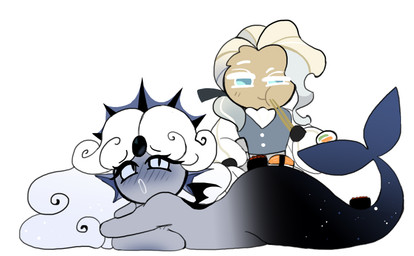big_breasts big_butt big_hair black_body blush blush_lines breasts butt duo ear_fins eating eating_food eyelashes female fin fish_tail food food_on_body food_on_butt grey_body grey_eyes hair long_hair male nude pupils side_view simple_background slit_pupils split_form sushi white_background white_hair magpiered cookie_run black_pearl_cookie lord_oyster_cookie aquatic cookie_(cookie_run) humanoid merfolk absurd_res hi_res