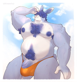 anthro armpit_hair belly big_penis blue_body blue_fur blue_hair bodily_fluids body_hair bulge clothed clothing cloud front_view fur genital_fluids genitals hair hair_over_eyes humanoid_genitalia humanoid_penis male musclegut muscular muscular_anthro muscular_male nipples obscured_eyes overweight overweight_anthro overweight_male pecs penis penis_base precum precum_through_clothing precum_through_underwear pubes short_tail sky smile solo speedo speedo_only swimwear tail topless underwear vein veiny_penis wet wet_clothing krampusivyy lagomorph leporid mammal rabbit hi_res