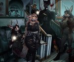 anthro asylum female group haunted holidays horror_(theme) male cyberhound halloween nuri canid canine fox mammal absurd_res adobe_photoshop_(artwork) digital_media_(artwork) full-length_portrait hi_res portrait