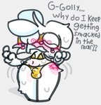 4_fingers anthro balls_outline bikini blush blush_lines blushing_profusely bodily_fluids bulge clothed clothing crossdressing curvy_figure detailed_bulge dialogue embarrassed femboy fingers front_view fur genital_fluids genital_outline gold_bikini looking_down_at_self male navel open_mouth pink_blush precum sexual_assault sexual_harassment side-tie_bikini simple_background skimpy solo spank_marks spank_marks_on_ass spanked_butt standing string_bikini sweat swimwear tears thick_thighs two-piece_swimsuit white_background white_body white_ears white_fur wide_hips ruby_rabbit ruby_rabbit_(character) lagomorph leporid mammal rabbit hi_res