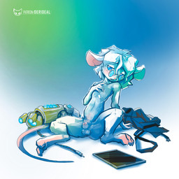 animal_genitalia anthro balls blue_eyes electronics eyewear eyewear_only flaccid fully_sheathed fur genitals glasses glasses_only head_tuft looking_pleasured male nude open_mouth penis prosthetic prosthetic_arm prosthetic_limb sheath sitting solo tablet tablet_computer text tuft wearing_glasses white_body white_fur kiaun derideal titch_(derideal) mammal mouse murid murine rodent 1:1 digital_media_(artwork) hi_res shaded