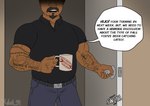 arm_tattoo big_muscles black_clothing black_shirt black_topwear clothed clothing facial_hair goatee hidden_eyes male muscular muscular_human muscular_male shirt solo speech_bubble tattoo text topwear xolotl_59 human mammal absurd_res english_text hi_res