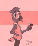 anthro arm_tuft beak bottomwear brown_clothing cheek_tuft clothing elbow_tuft eyebrows facial_markings facial_tuft feathers food grey_beak grey_body grey_clothing grey_feathers hand_in_pocket head_markings head_tuft holding_food holding_object male markings mask_(marking) pants pink_background pink_body pink_clothing pink_eyes pink_tail pockets pocky_in_mouth simple_background sleeveless_hoodie solo striped_markings stripes tail thick_eyebrows tuft shellyochunks disney ducktales ducktales_(2017) pocky mark_beaks african_grey afrotropical_parrot avian bird parrot true_parrot dated restricted_palette signature