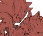 anthro blood bodily_fluids duo eye_contact gun handgun looking_at_another male ranged_weapon simple_background smile weapon white_background wounded sikai sega sonic_the_hedgehog_(series) shadow_the_hedgehog sonic_the_hedgehog eulipotyphlan hedgehog mammal red_theme