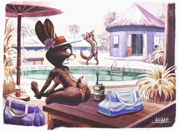 anthro beach bikini clothing couples detailed_background duo eyewear female flower long_ears male male/female plant pose sea swimming_pool swimwear teasing thong two-piece_swimsuit underwear water laguni disney zootopia judy_hopps nick_wilde canid canine fox lagomorph leporid mammal rabbit absurd_res hi_res painting_(artwork) pinup signature traditional_media_(artwork) watercolor_(artwork)