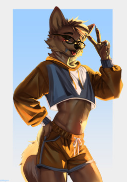 anthro blush bottomwear brown_body brown_fur brown_hair claws clothed clothing crop_top cropped_hoodie drawstring eyewear facial_tuft fur gesture glasses hair hand_gesture hoodie hotpants looking_at_viewer male midriff navel open_mouth pose shirt shorts simple_background smile solo standing tail tan_body tan_fur teeth tongue tongue_out topwear tuft v_sign yellow_eyes milajanh canid canine fox mammal 2025 absurd_res digital_media_(artwork) hi_res