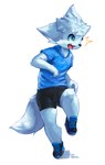 anthro blue_eyes bottomwear bulge clothing footwear fur hair hoodie male shocked shoes shorts simple_background solo spandex spandex_shorts standing tail tight_bottomwear tight_clothing tight_shorts topwear white_background white_body white_fur white_hair young young_male arcticneu neu_(arcticneu) canid canine fox mammal