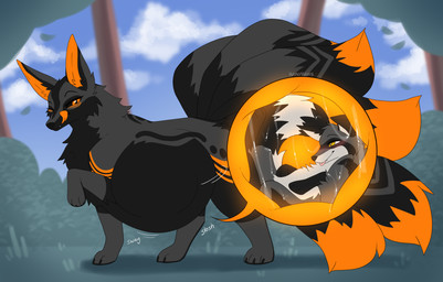 3_toes 6_tails abdominal_bulge ambiguous_feral ambiguous_gender ambiguous_pred ambiguous_prey belly big_belly big_tail black_body black_ears black_fur black_nose black_sclera black_tail cloud cutaway day detailed_background dipstick_tail duo endosoma eyelashes feet feral feral_pred feral_prey fluffy fluffy_tail forest fur grass grey_body grey_ears grey_fur grey_tail hindpaw internal larger_ambiguous larger_feral larger_pred licking licking_lips licking_own_lips lying markings multi_tail multicolored_body multicolored_ears multicolored_fur multicolored_tail on_back one_eye_closed oral_vore orange_body orange_eyes orange_fur orange_inner_ear orange_insides orange_tail orange_tail_tip orange_tongue outside paws plant quadruped ring_(marking) ringed_tail safe_vore side_view size_difference sky sloshing_belly smaller_ambiguous smaller_feral soft_vore standing striped_markings striped_tail stripes tail tail_markings toes tongue tongue_out tree two_tone_ears vore white_body white_fur white_tail willing_prey wink yellow_eyes rainypaws fayanna canid canine fox fox_spirit hybrid mammal procyonid raccoon colored digital_media_(artwork) flat_colors hi_res female_(lore)