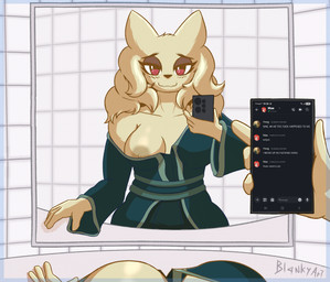 4_fingers after_transformation anthro areola bathrobe bathroom big_breasts blonde_hair breasts cellphone clothing detailed_background electronics eyebrows eyeliner female female_pov fingers first_person_view green_clothing hair holding_object holding_phone long_hair looking_at_self makeup mirror mirror_selfie one_breast_out phone profanity red_eyes robe selfie smartphone smile smug_face solo text transformation transformation_pov yellow_body blankyart discord_(app) nine_sols red_candle_games heng_(nine_sols) domestic_cat felid feline felis mammal 2026 digital_media_(artwork) english_text hi_res shaded signature