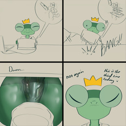4_panel_comic anthro areola balls big_breasts black_eyes black_text breasts closed_smile clothing computer dialogue drawing_tablet electronics ellipsis erection exclamation_point eyes_closed furniture genitals glans green_body gynomorph hair intersex laptop male motion_lines mouth_closed musk musk_clouds open_mouth penis shirt sitting smile solo sound_effects stylus table talking_to_self text topwear vein veiny_penis wire froggkingg amphibian frog 1:1 2025 comic english_text hi_res