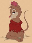 2022 3_toes absurd_res anthro bedroom_eyes blue_eyes brown_body brown_fur butt cape clothing denzeltip don_bluth feet female fur hi_res looking_at_viewer looking_back mammal mature_female mouse mrs._brisby murid murine narrowed_eyes presenting presenting_hindquarters rodent seductive simple_background soles solo the_secret_of_nimh toes wood_mouse