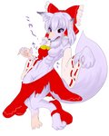 6_breasts alternate_species anthro barefoot blush breasts clothed clothing digitigrade feet female multi_breast naturally_censored open_mouth pawpads red_eyes ribbons simple_background solo torn_clothing transformation white_background tagumi touhou reimu_hakurei canid canine fox mammal 2016 4:5