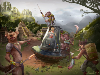 amazing_background ambient_silhouette anthro basket bodily_fluids bottomwear bracelet brick claws clothed clothing container crouching day detailed_background digitigrade drooling ear_piercing exclamation_point fangs feathers female fog fur gesture gold_(metal) group hand_gesture holding_object hut jewelry leaf loincloth male mane markings mayan melee_weapon mesoamerican_architecture midriff mountain multi_nipple navel necklace nervous nipples open_mouth outside pants piercing pipe plant pointing polearm pyramid ring saliva scenery silhouette smile sparks spear spots spotted_body spotted_fur standing teeth text tile time_machine toe_claws tongue tongue_out tree weapon white_eyes window wire duhveed ambient_bird ambient_flier aquatic avian bird cheetah felid feline fish hyena mammal spotted_hyena 2019 4:3 absurd_res detailed english_text hi_res