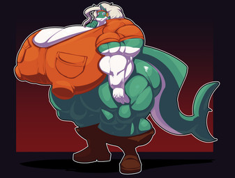 anthro big_breasts big_butt big_muscles boots bottomless breasts butt clothed clothing collared_shirt dress_shirt female footwear hair head_accessory huge_breasts huge_muscles huge_thighs hyper hyper_breasts hyper_muscles hyper_thighs muscular nipple_outline red_dress_shirt shark_tail shirt shoes solo teal_body thick_thighs topwear white_body white_hair bobert my_hero_academia ippan_josei aquatic fish quirked_human_(my_hero_academia) shark 2026 absurd_res digital_media_(artwork) hi_res