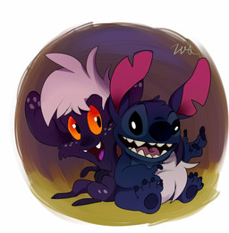 4_fingers 4_toes blue_body blue_fur blue_pawpads claws duo fangs feet feral fingers freckles fur hair markings notched_ear open_mouth open_smile orange_sclera pawpads purple_body purple_fur semi-anthro smile spots spotted_body spotted_fur teeth toe_claws toes white_hair vihor405 disney lilo_and_stitch stitch_(lilo_and_stitch) alien deer experiment_(lilo_and_stitch) mammal 2020 character_request
