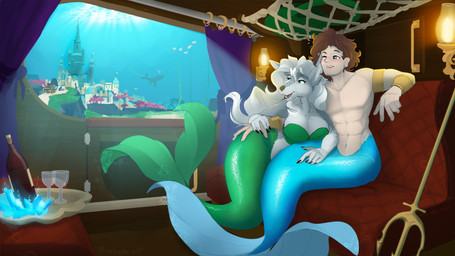 abs anthro arm_around_another big_breasts blue_body blue_eyes blue_scales blue_tail blush bra breasts brown_hair castle cleavage clothed clothing container cup curtains detailed_background drinking_glass duo female female_on_humanoid fur glass glass_container glass_cup glistening glistening_body glistening_scales glistening_tail glowing_crystal green_body green_bra green_clothing green_eyes green_scales green_tail green_underwear grey_body grey_fur grey_hair hair hand_holding hand_on_another's_hip hand_on_another's_tail hand_on_hip hug humanoid_on_anthro inside light light_beam male male/female male_humanoid male_on_anthro melee_weapon mermaid_tail muscular muscular_humanoid muscular_male navel one_eye_closed pecs polearm scales sconce seashell_bra sitting split_form strapless_bra strapless_clothing strapless_underwear sunbeam sunlight tail trident underwater underwater_city underwear water weapon wine_bottle wine_glass roxlyde nyra_(rikuthemermage) riku_(rikuthemermage) ambient_fish ambient_sealife ambient_whale aquatic canid canine canis humanoid humanoid_merfolk mammal merfolk wolf 16:9 2025 absurd_res hi_res widescreen