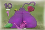 ambiguous_gender big_butt bodily_fluids bud_(anatomy) bud_(flower) butt butt_focus duo eating facesitting gameplay_mechanics hand_on_butt heart_symbol holding_object leaf looking_back musk nectar obese outside overweight pink_body plant purple_body sitting_on_another size_difference smothering stem stinkface sweat thick_thighs wide_hips bastardpalace nintendo pikmin elemental_creature flora_fauna pikmin_(species) purple_pikmin winged_pikmin absurd_res hi_res