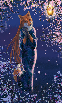 anthro cherry_blossom classy clothed clothing detailed_background dipstick_tail dress evening_gown female flower fully_clothed lamp lantern markings nature night outside paper_lantern plant prunus_(flower) solo tail tail_markings uncertain walking wind sheba-wolf canid canine fox mammal 2007