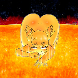 all_fours antlers ass_up bedroom_eyes blush butt female fire hair horn looking_at_viewer lying narrowed_eyes not_furry on_front seductive smile solo space sun theyimyams cartoon_network the_amazing_world_of_gumball penny_fitzgerald fairy humanoid 1:1 hi_res signature