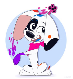 4_fingers black_body black_fur black_nose black_pawpads black_spots blue_spots blue_tongue female feral fingers floppy_ears fur kerchief markings neckerchief neckwear open_mouth open_smile orange_spots pawpads pink_inner_ear pink_kerchief pink_neckerchief pink_paws purple_paws red_spots smile solo spots spotted_body spotted_fur tongue toony white_body white_fur mr.jazz 101_dalmatian_street 101_dalmatians disney da_vinci_(101_dalmatians) canid canine canis dalmatian domestic_dog mammal hi_res