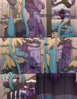accident accidental_sex anthro balls bathroom big_breasts black_body black_fur blue_body blue_eyes blush bodily_fluids breasts butt dialogue duo erection female female_penetrated fur genitals grey_body hair horn male male/female male_penetrating male_penetrating_female multicolored_body multicolored_fur nude open_mouth penetration penis purple_body purple_eyes purple_fur sex shower smile tail text thick_thighs vulva wide_hips yellow_body yellow_fur japy7u7 nintendo pokemon pokemon_legends_z-a deer generation_9_pokemon mammal mega_evolution mega_lucario_z pokemon_(species) absurd_res comic english_text hi_res