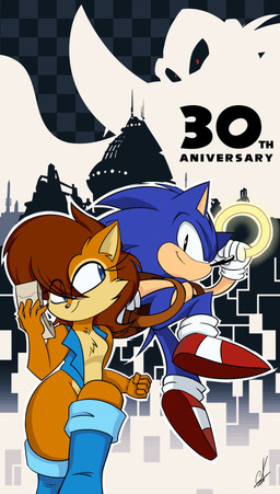 30th_anniversary 5_fingers anthro auburn_hair blue_eyes boots breasts butt canon_couple checkered checkered_background city clothing computer duo electronics featureless_breasts female fingers footwear hair handheld_device looking_at_another looking_at_viewer male male/female pattern_background power_ring quills_(anatomy) red_eyes robotropolis shoes simple_background smile topwear vest thecosmic2006hot sega sonic_the_hedgehog_(satam) sonic_the_hedgehog_(series) julian_robotnik sally_acorn sonic_the_hedgehog chipmunk eulipotyphlan ground_squirrel hedgehog mammal rodent sciurid 2023 absurd_res hi_res