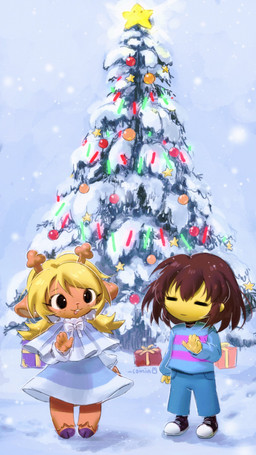 ambiguous_gender ambiguous_human anthro antlers black_eyes blonde_hair bow_ribbon brown_body brown_fur brown_hair buckteeth christmas_tree clothing cloven_hooves dress duo eyebrows eyelashes eyes_closed female female_anthro fingers footwear fur gift hair holidays hooves horn open_mouth plant shoes snow teeth tree yellow_body young young_anthro young_female young_human bunsidhe christmas deltarune undertale undertale_(series) frisk_(undertale) noelle_holiday cervine deer human mammal 2025 absurd_res digital_media_(artwork) hi_res signature