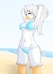 anthro beach beak bikini breast_squish breasts clothing female mia_(kizuko) navel solo squish swimwear two-piece_swimsuit yellow_eyes kizuko04 avian bird hi_res