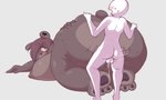 all_fours anthro anthro_penetrated areola backsack balls big_breasts big_butt blush bodily_fluids breasts brown_body brown_fur butt butt_grab butt_squish cum duo ear_piercing ear_ring feet female female_on_human female_penetrated from_behind_position fur genital_fluids genitals grey_background hair hair_over_eye hand_on_butt holding_butt huge_butt human_on_anthro human_penetrating human_penetrating_anthro interspecies larger_female larger_penetrated leaking_cum looking_back male male/female male_on_anthro male_penetrating male_penetrating_female nipples one_eye_obstructed pawpads penetration penile penile_penetration penis_in_pussy piercing presenting presenting_hindquarters puffy_areola puffy_nipples purple_hair rear_view red_eyes ring_piercing sex simple_background size_difference smaller_male squish standing sweat thick_thighs vaginal vaginal_penetration behniis barbara_(behniis) bear human mammal hi_res