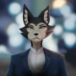 :< anthro black_body black_fur black_nose blue_clothing blue_suit blurred_background brown_eyes closed_frown clothing eyebrows eyelashes eyeshadow female fluffy_ears frown fur lights looking_at_viewer makeup mouth_closed multicolored_body multicolored_fur night shirt solo suit topwear white_body white_clothing white_fur white_shirt white_topwear brand_new_animal studio_trigger london_sylvasta canid canine canis deity mammal wolf 1:1 black_and_white hi_res monochrome shaded