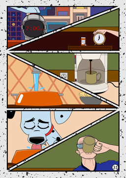 alarm_clock black_ears black_nose black_spots clock collar drinking_coffee drinking_water eyewear feral floppy_ears fur glasses green_eyes grey_hair hair heterochromatic_ears light_body light_skin male red_collar spots tongue tongue_out vitamin white_body white_fur redundantmodule 101_dalmatian_street 101_dalmatians disney alfred_bright dylan_(101_dalmatians) canid canine canis dalmatian domestic_dog human mammal comic hi_res
