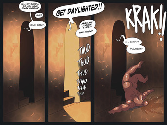 3_panel_comic bald beard butt dialogue facial_hair grey_hair hair humor male muscle_tone musclegut muscular muscular_humanoid muscular_male nude offscreen_character onomatopoeia solo sound_effects speech_bubble text rapscallion dungeons_and_dragons hasbro wizards_of_the_coast dwarf humanoid comic english_text hi_res