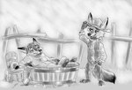 anthro bathing belly bottomwear clothing cowboy cowboy_hat duo hat headgear headwear humanoid_hands male moobs outside overweight overweight_male pants shirt topwear water gerardson disney zootopia gideon_grey nick_wilde canid canine fox mammal red_fox true_fox 2017 monochrome