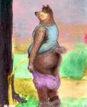 anthro archived_source bd bear big_butt bodily_fluids bottomwear bottomwear_down brown_body brown_fur butt clothed clothing colorful_theme footwear fur genital_fluids graphite_(artwork) legwear looking_at_viewer male mammal pants pants_down partially_clothed pastel_(artwork) peeing pencil_(artwork) shirt slightly_chubby smile socks solo tank_top topwear traditional_media_(artwork) urine urine_stream